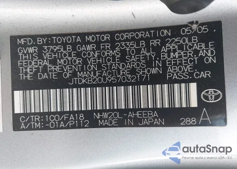 2005 Toyota Prius from USA, damaged, VIN JTDKB20U957032171